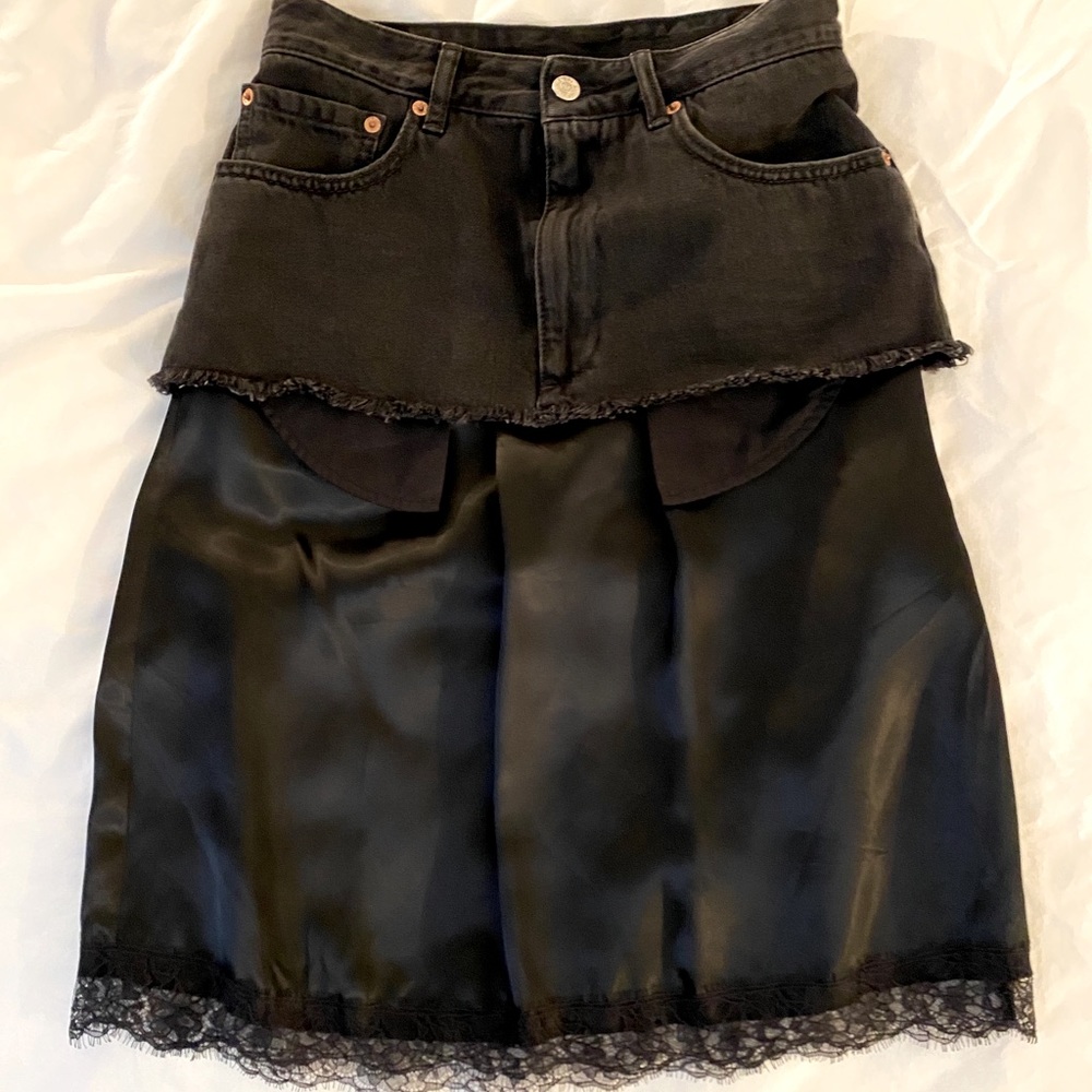 MM6 Black Lace Layered Wash Denim Skirt